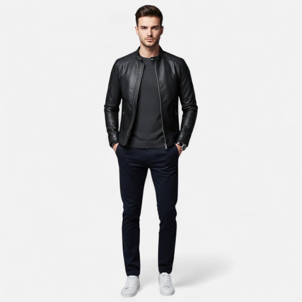 Blouson en Cuir Coupe Slim Col Montant Biker pour Homme