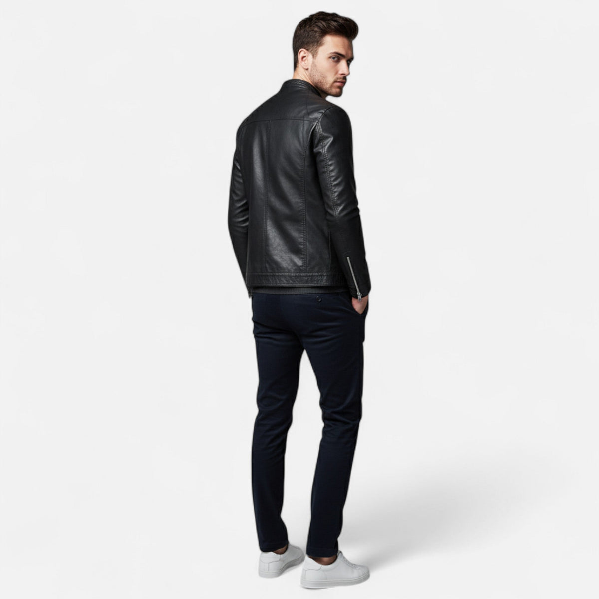 Blouson en Cuir Coupe Slim Col Montant Biker pour Homme
