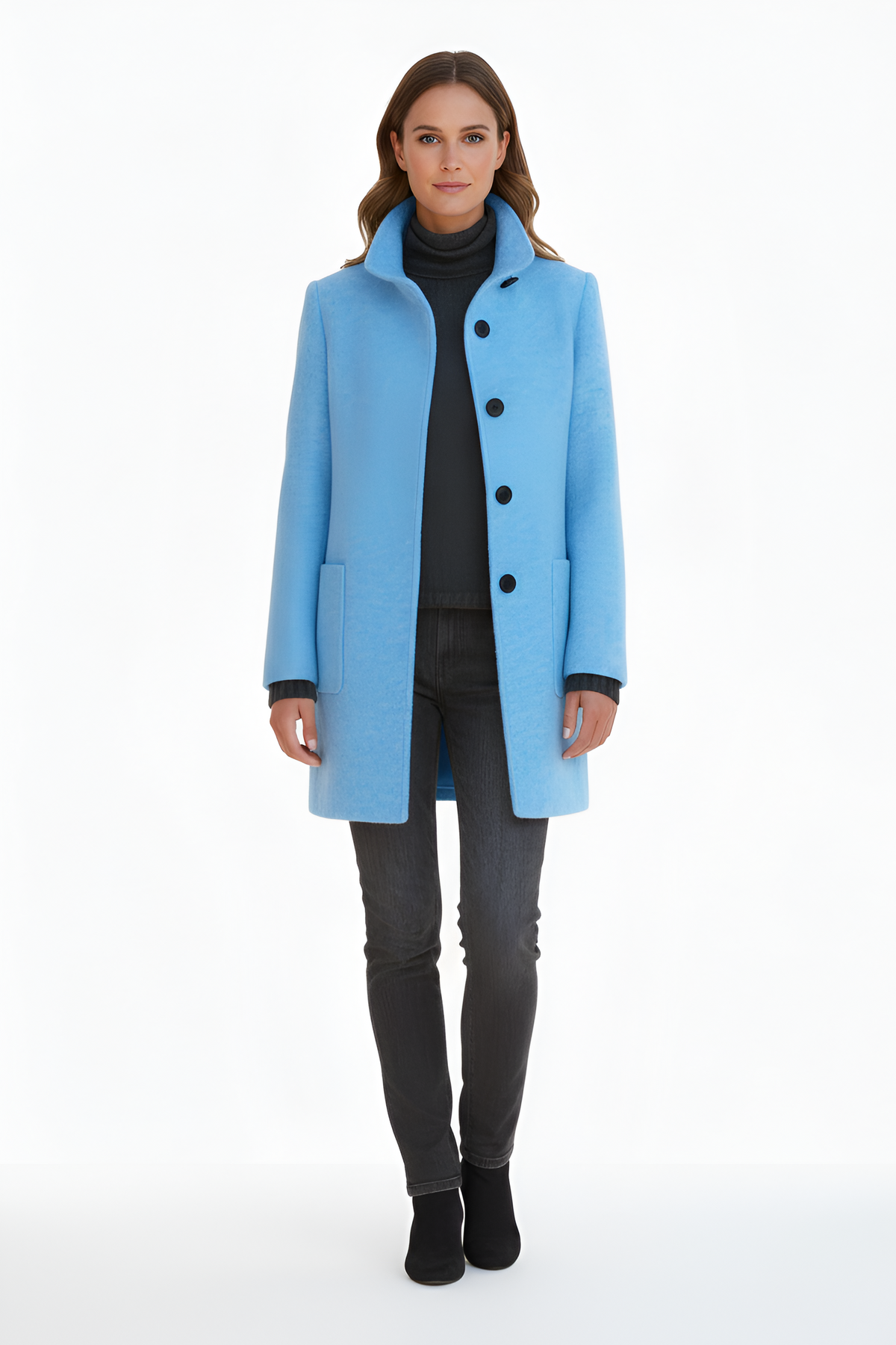Manteau en Laine Col Montant Fermeture Boutonnée pour Femme