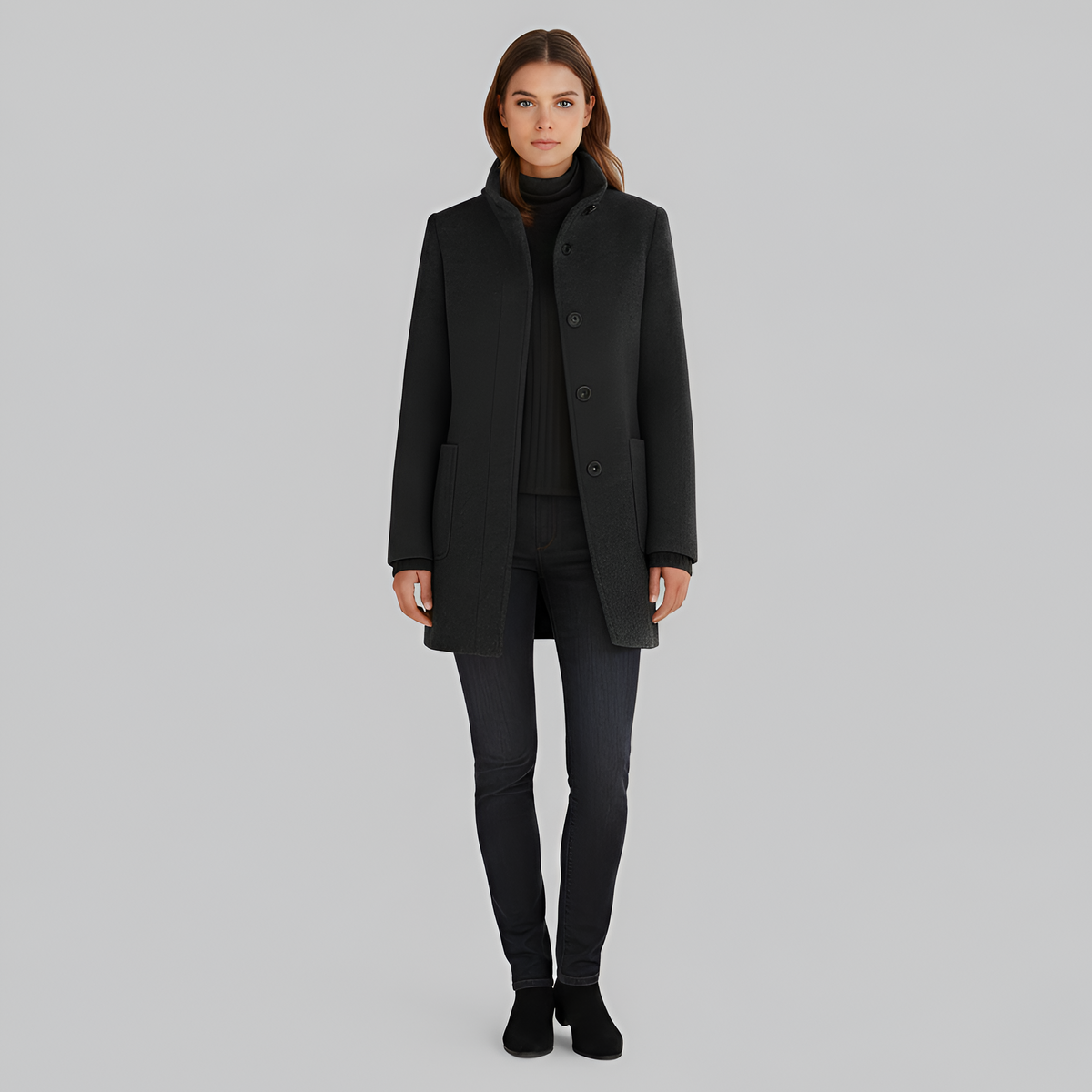 Manteau en Laine Col Montant Fermeture Boutonnée pour Femme
