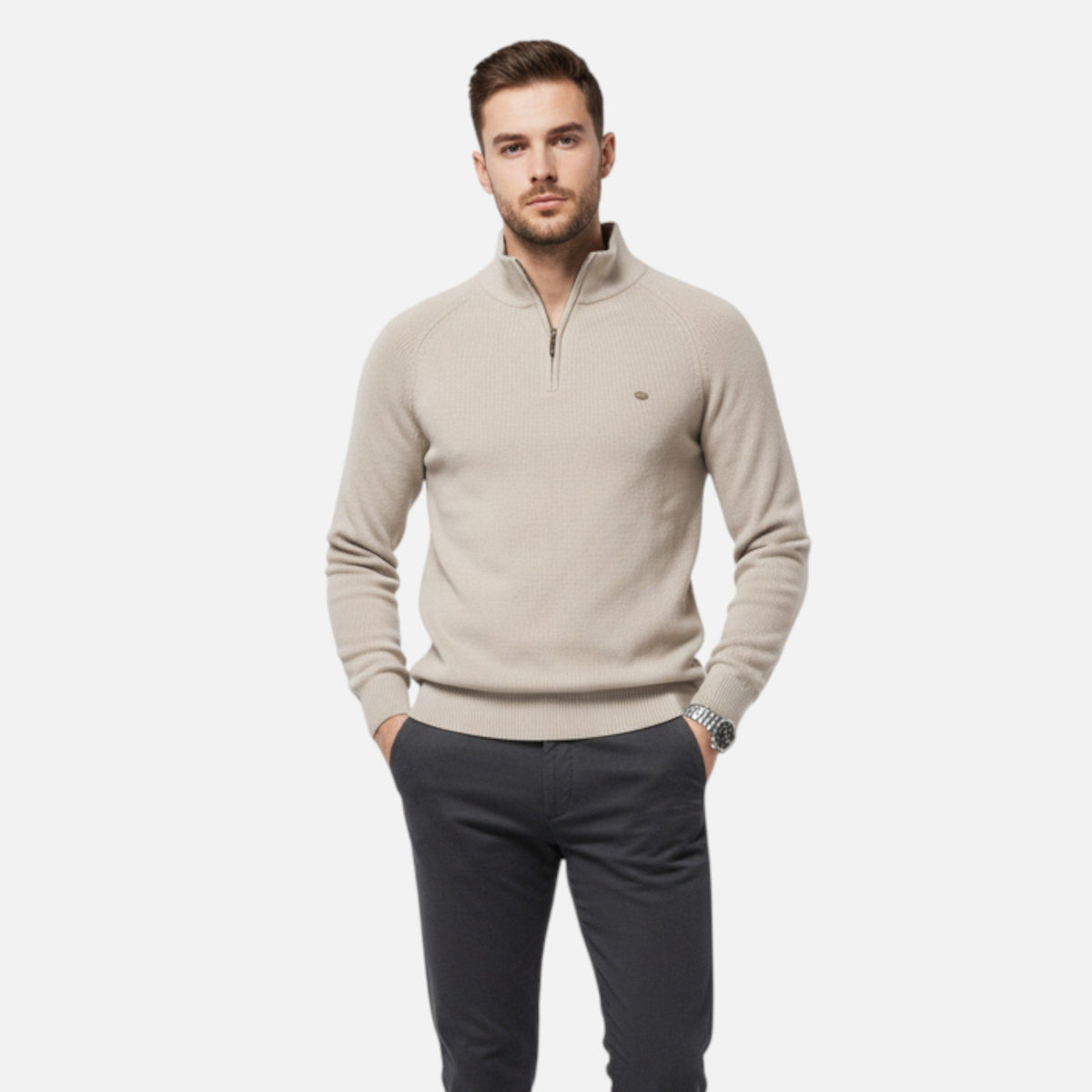 Pull demi-zip homme coton maille souple mi-saison confort