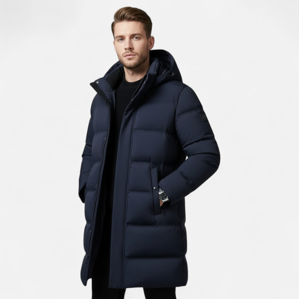 Premium men's winter parka with hood and full insulation, elegant style