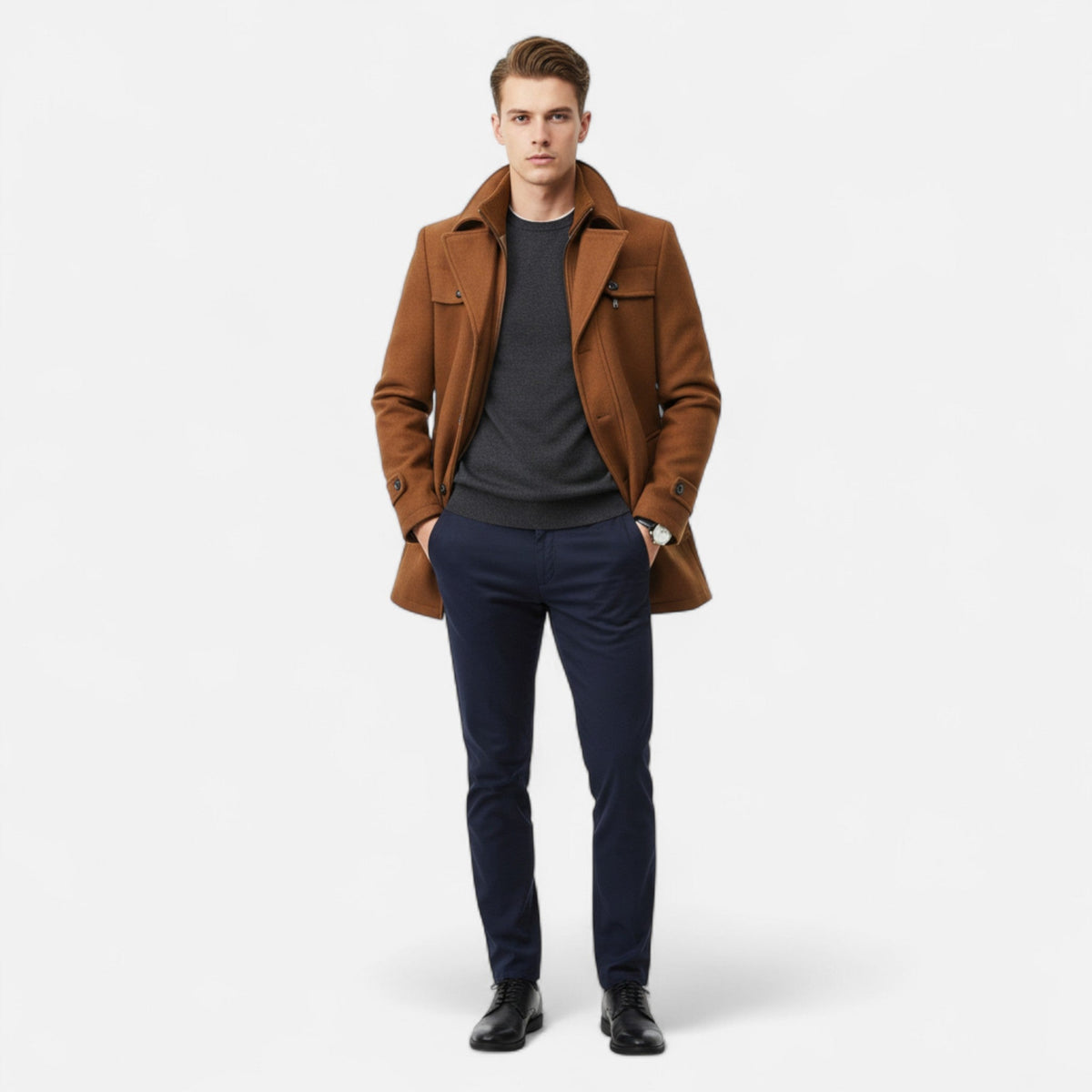 Trench homme laine mélangée col double zip élégant hivernal