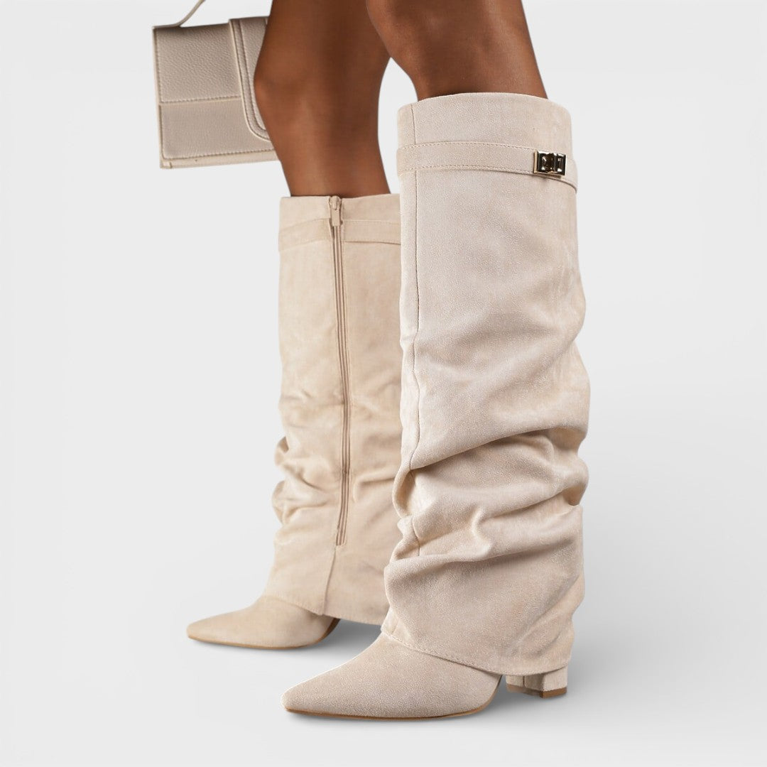 Botas altas para mujer, punta afilada, fruncidas, con hebilla y tacón bajo