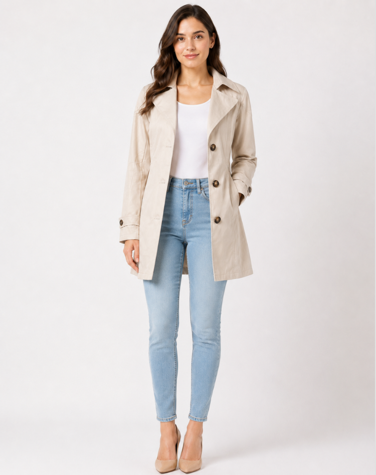 Trench court femme noué classique coupe nette mi-saison