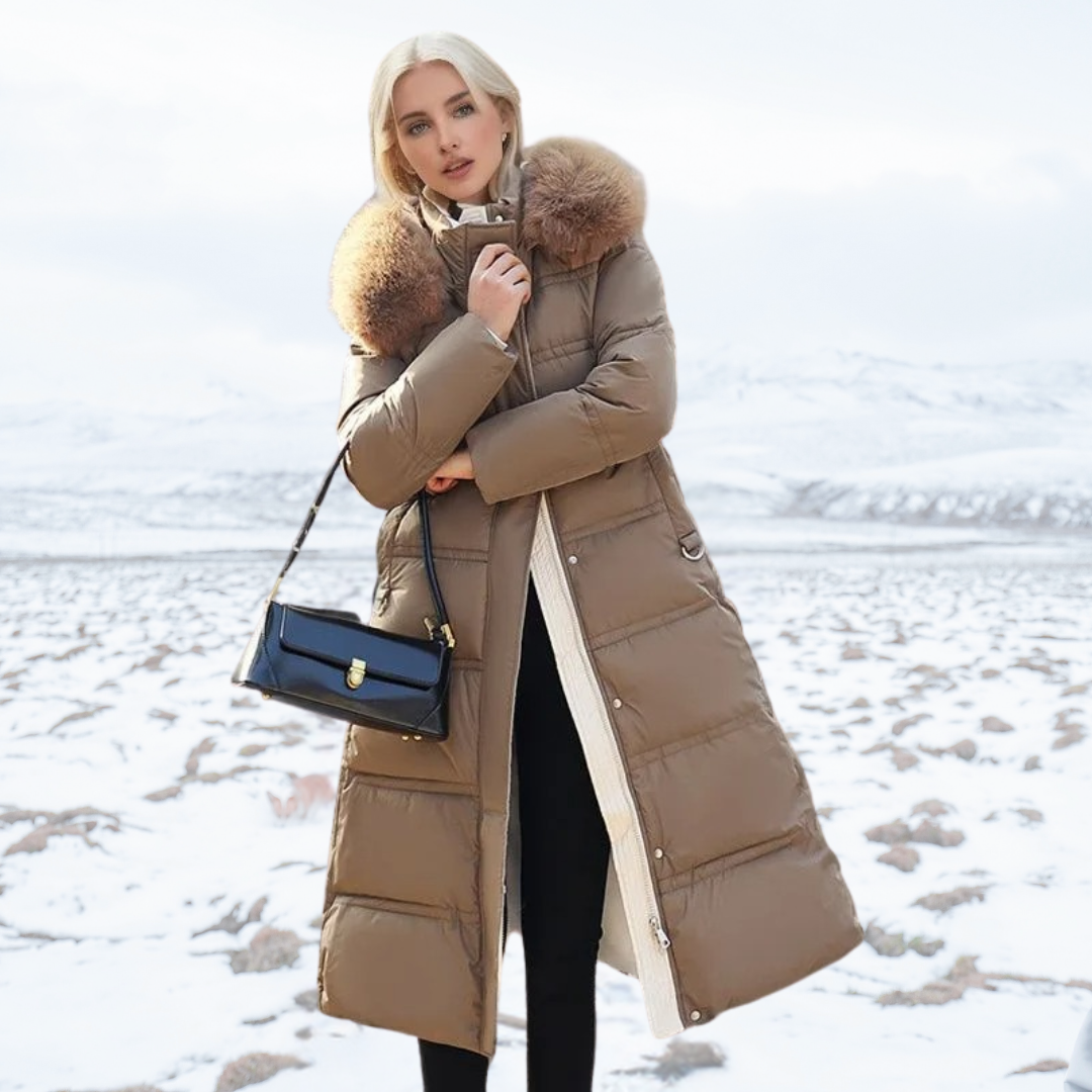 Parka invernale lungo da donna, di design, con cappuccio bordato di pelliccia, caldo