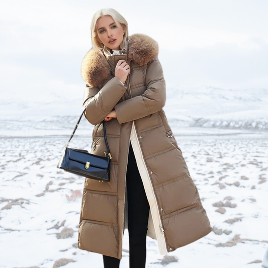Parka invernale lungo da donna, di design, con cappuccio bordato di pelliccia, caldo