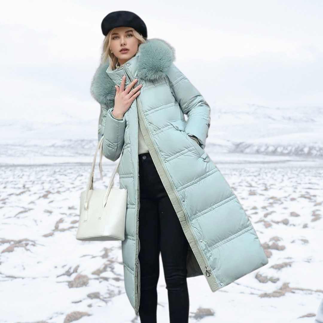 Parka invernale lungo da donna, di design, con cappuccio bordato di pelliccia, caldo