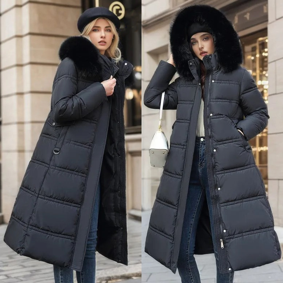 Parka invernale lungo da donna, di design, con cappuccio bordato di pelliccia, caldo