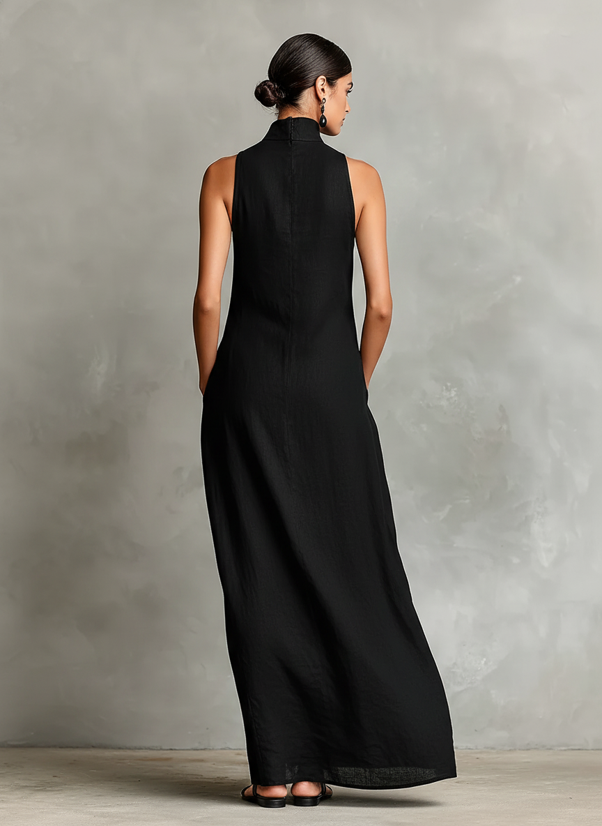 Robe maxi femme lin col montant poches latérales minimaliste