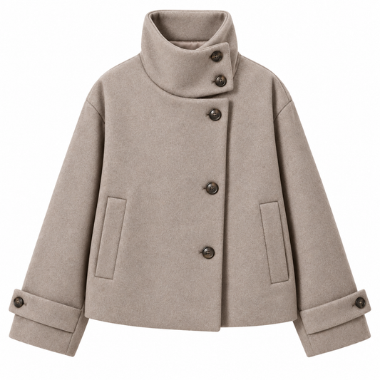 Cappotto ampio e casual da donna con collo alto, fibbia e maniche lunghe