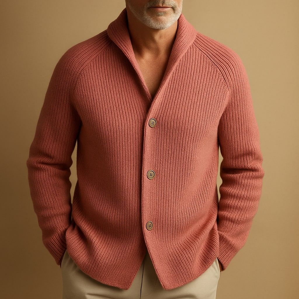 Cardigan homme laine côtelée col V chaleur stable élégant
