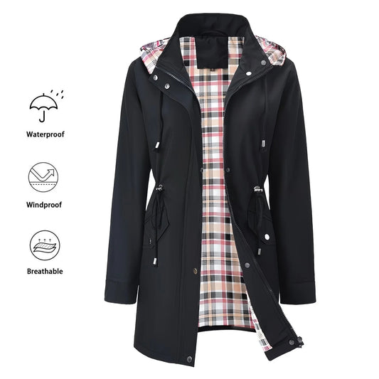 Trench da donna con cappuccio, chiusura a zip, coulisse in vita, fodera a quadri, per tutti i giorni