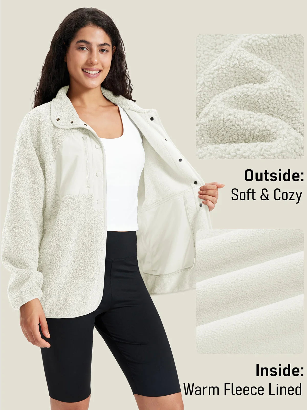 Chaqueta polar sherpa de mujer, cuello vuelto, bolsillos laterales, abotonada
