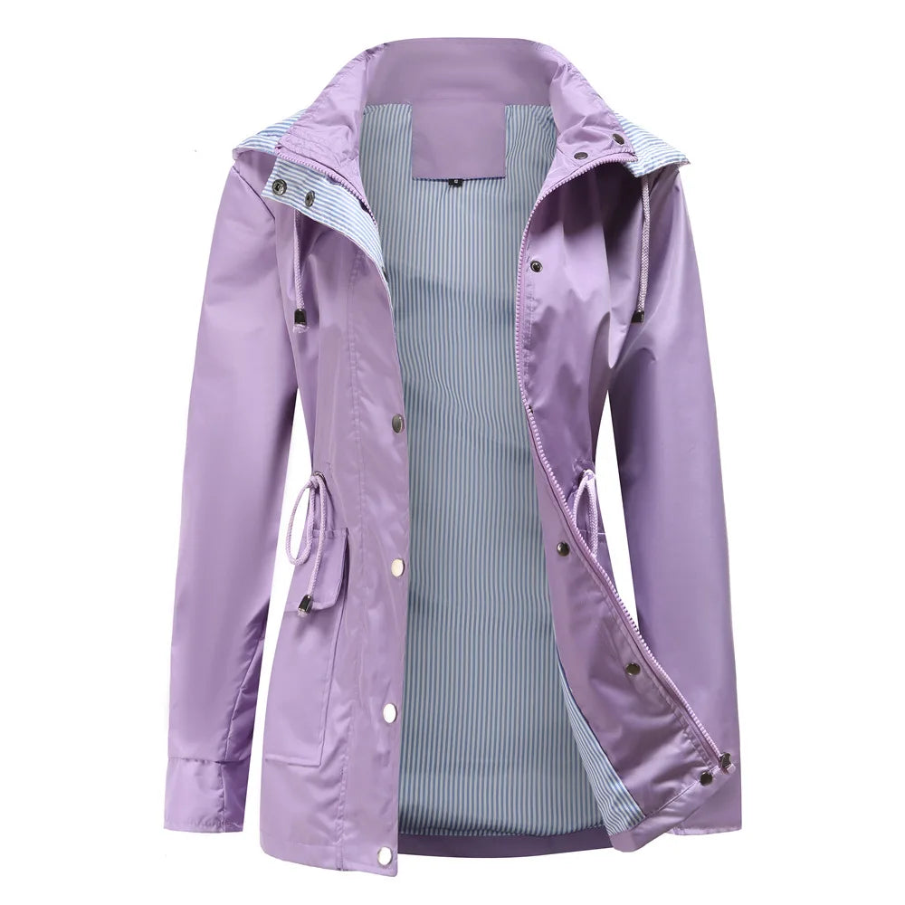 Trench-Coat à Capuche Doublure Rayée Taille Cordon pour Femme
