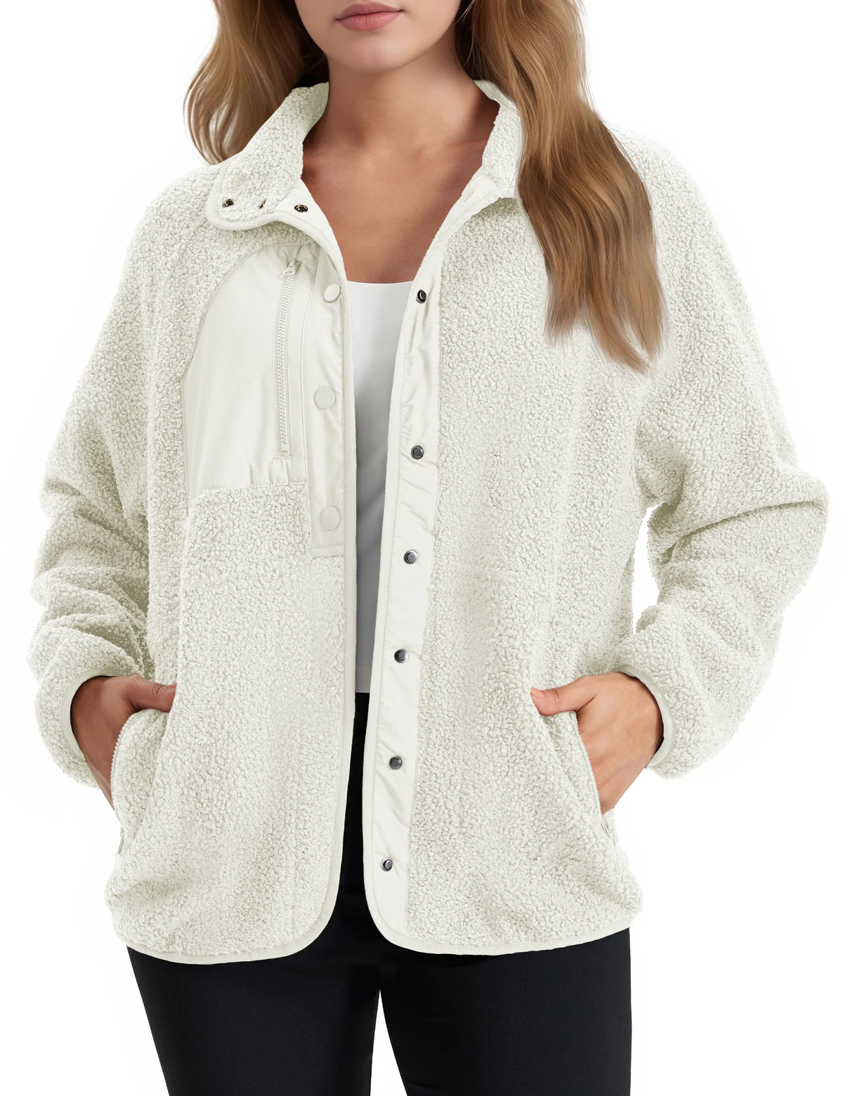 Chaqueta polar sherpa de mujer, cuello vuelto, bolsillos laterales, abotonada