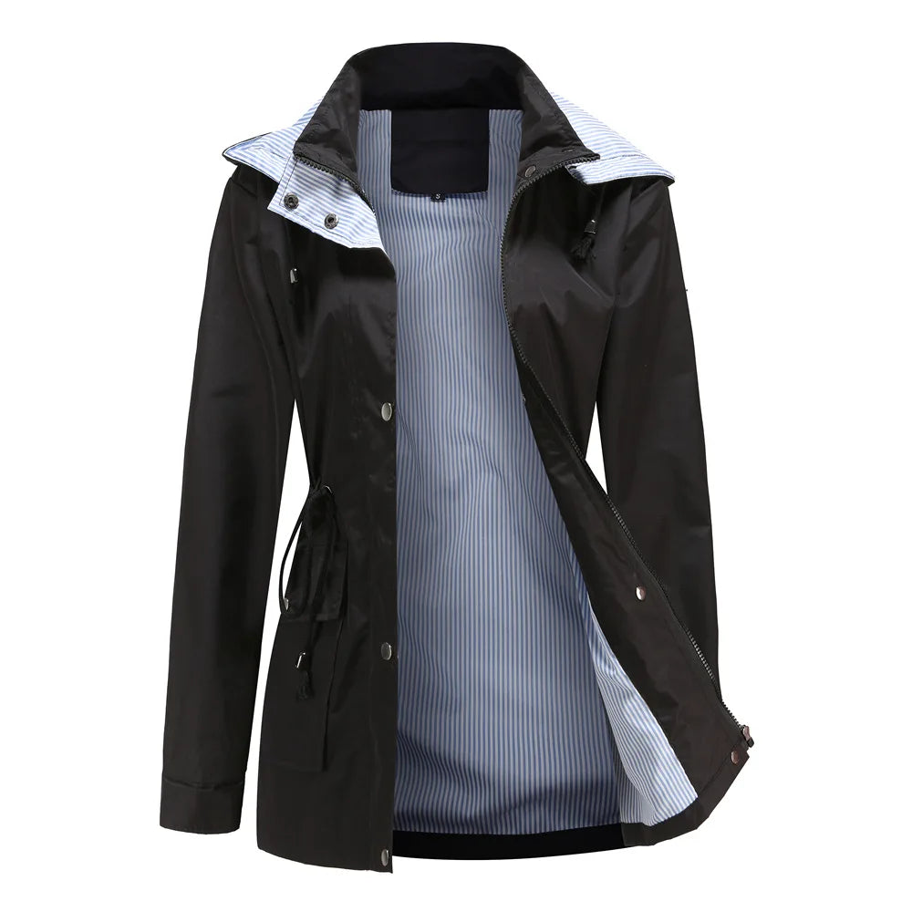 Trench-Coat à Capuche Doublure Rayée Taille Cordon pour Femme