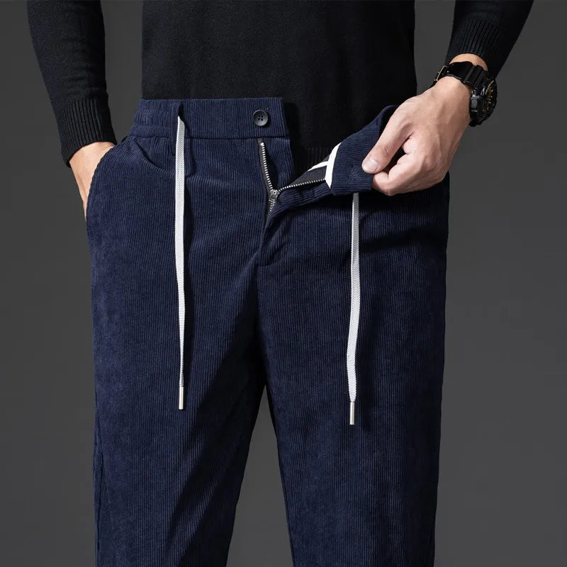 Men’s casual corduroy chinos with adjustable waist and tailored fit