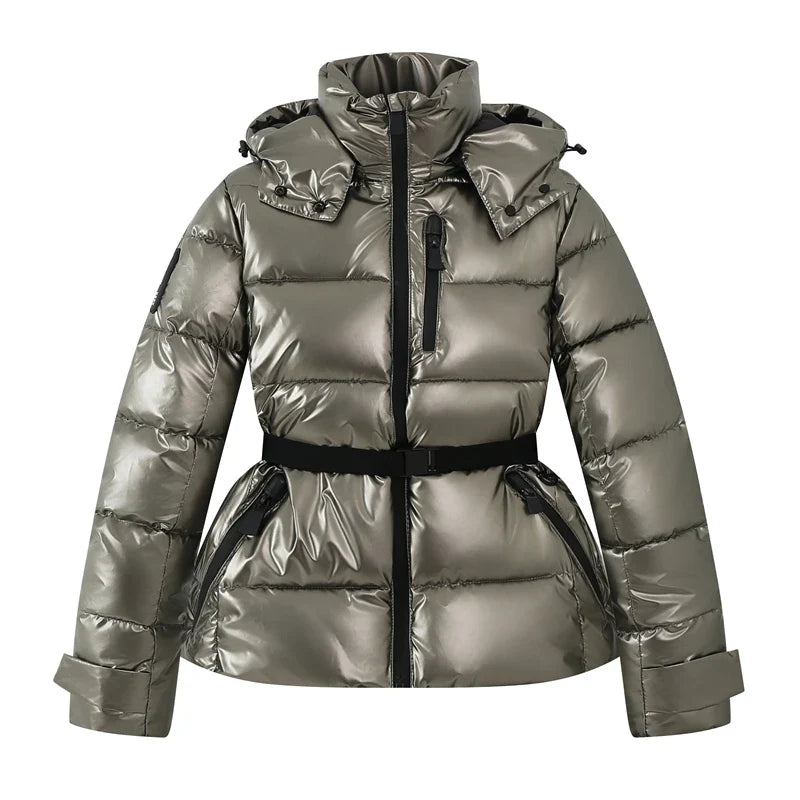 Doudoune femme capuche ceinturée slim coupe-vent taille haute