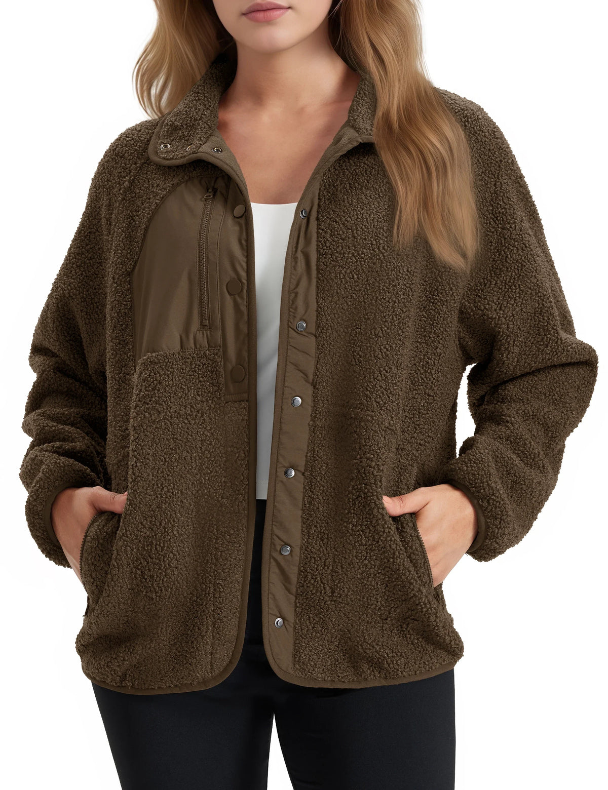 Chaqueta polar sherpa de mujer, cuello vuelto, bolsillos laterales, abotonada