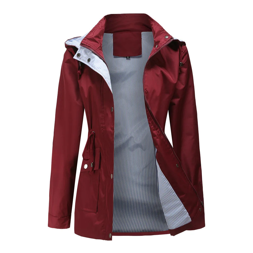 Trench da donna con cappuccio, fodera a righe e vita con coulisse