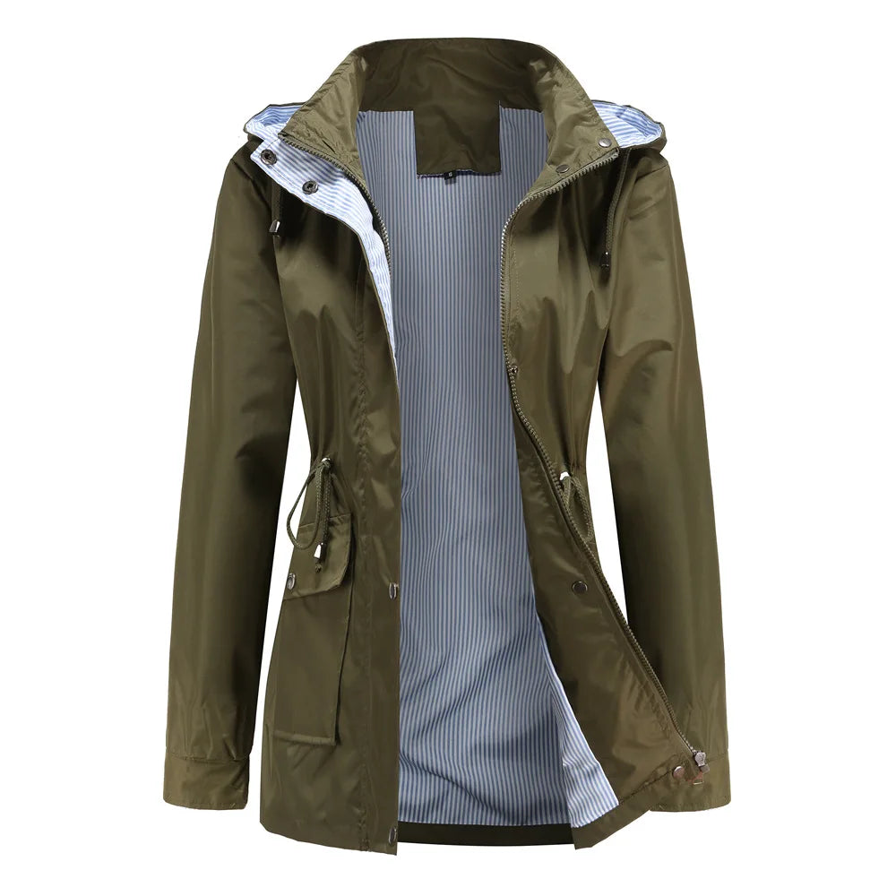 Trench-Coat à Capuche Doublure Rayée Taille Cordon pour Femme