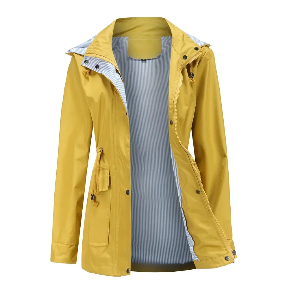 Trench-Coat à Capuche Doublure Rayée Taille Cordon pour Femme