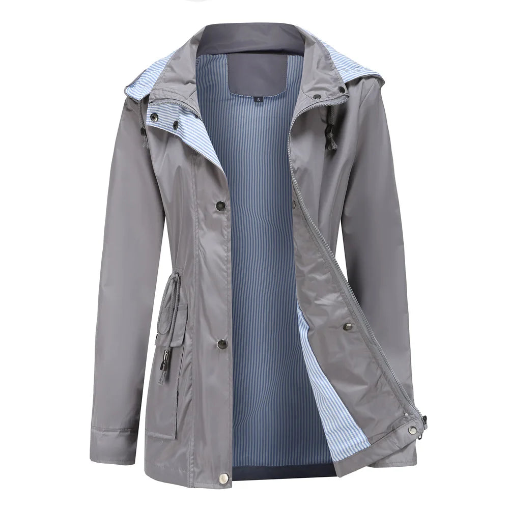 Trench-Coat à Capuche Doublure Rayée Taille Cordon pour Femme