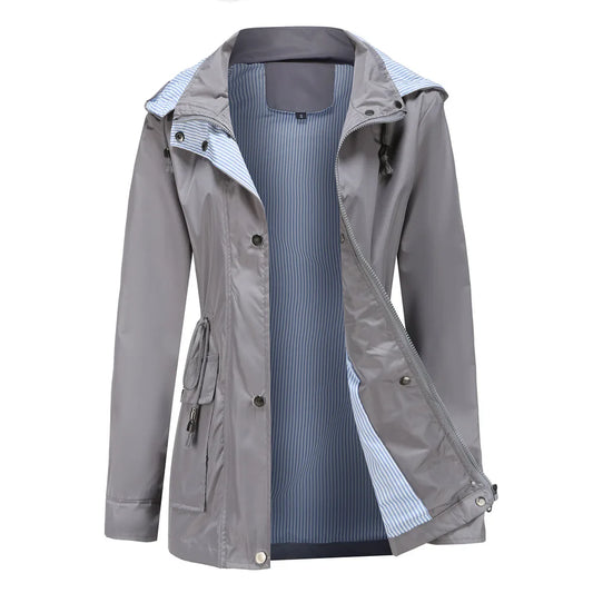 Women's hooded trench coat with striped lining and a drawstring waist