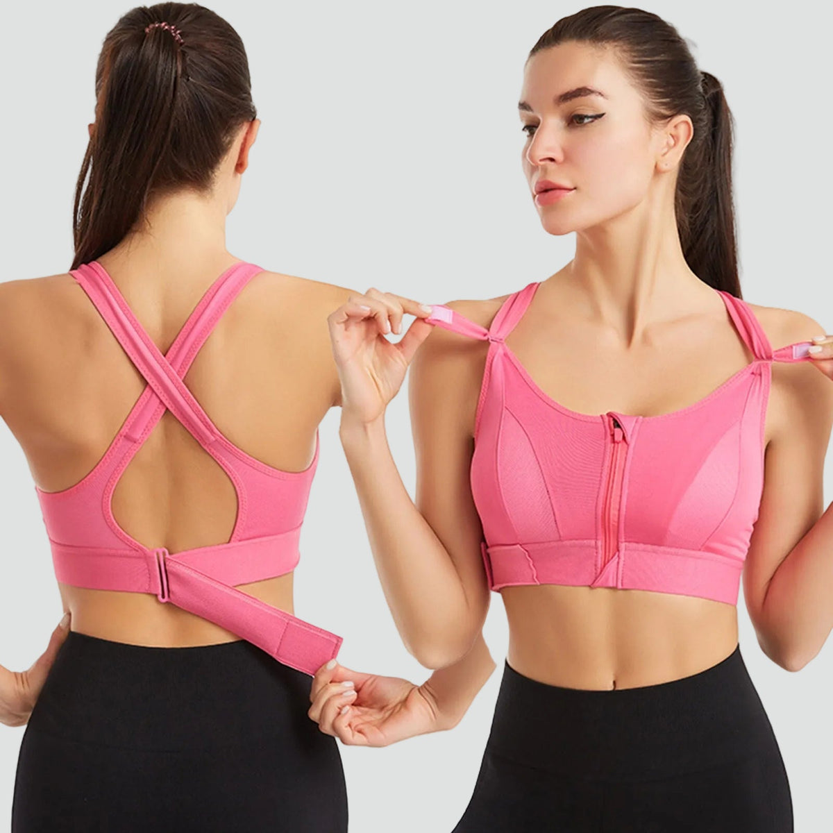 Women's medium-support sports bra with front zip and adjustable back