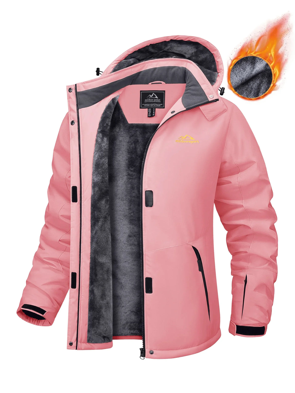 Parka impermeabile da donna con cappuccio, fodera in pile, cinque tasche con zip