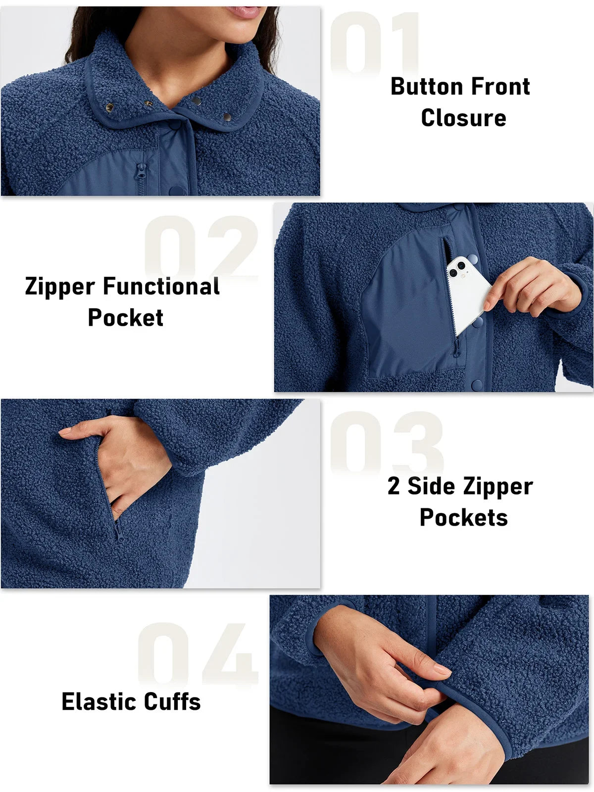 Chaqueta polar sherpa de mujer, cuello vuelto, bolsillos laterales, abotonada