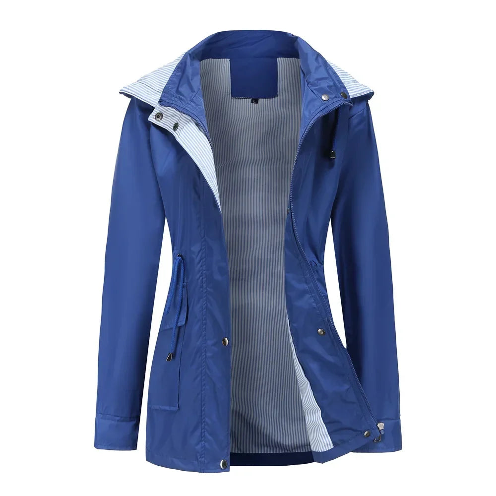 Trench-Coat à Capuche Doublure Rayée Taille Cordon pour Femme
