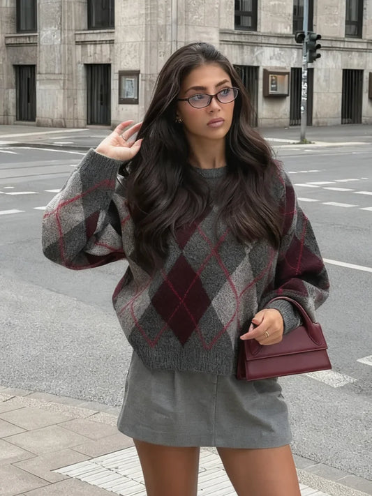 Women's Cotton Sweater with Diamond-Knit Pattern