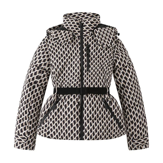 Women's hooded puffer jacket, belted, slim fit, windproof, high waist