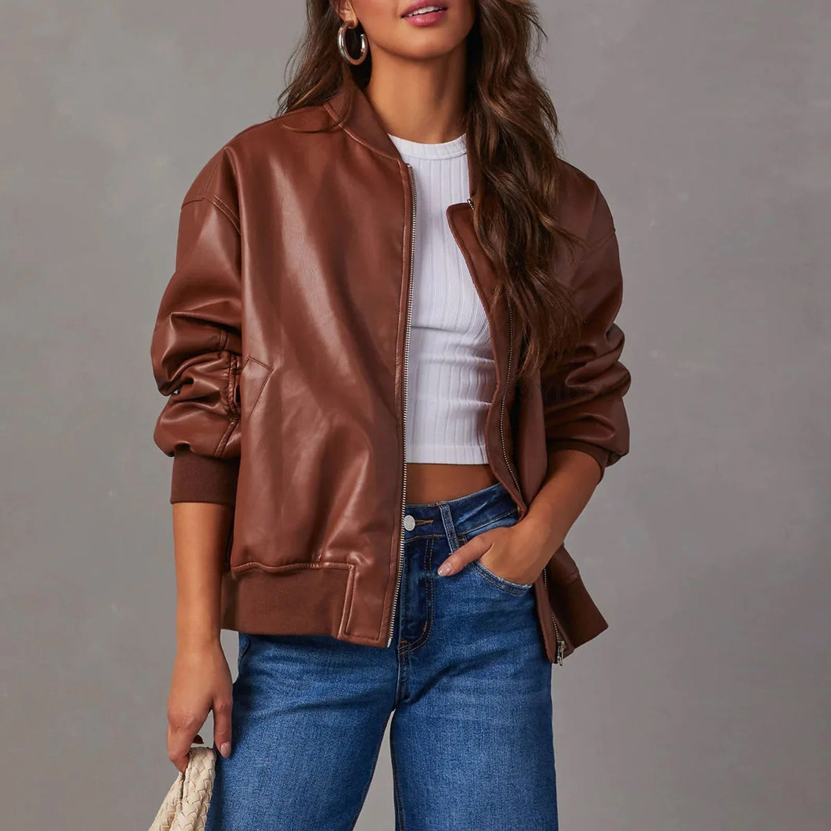Veste en Similicuir Col Officier Zippée pour Femme