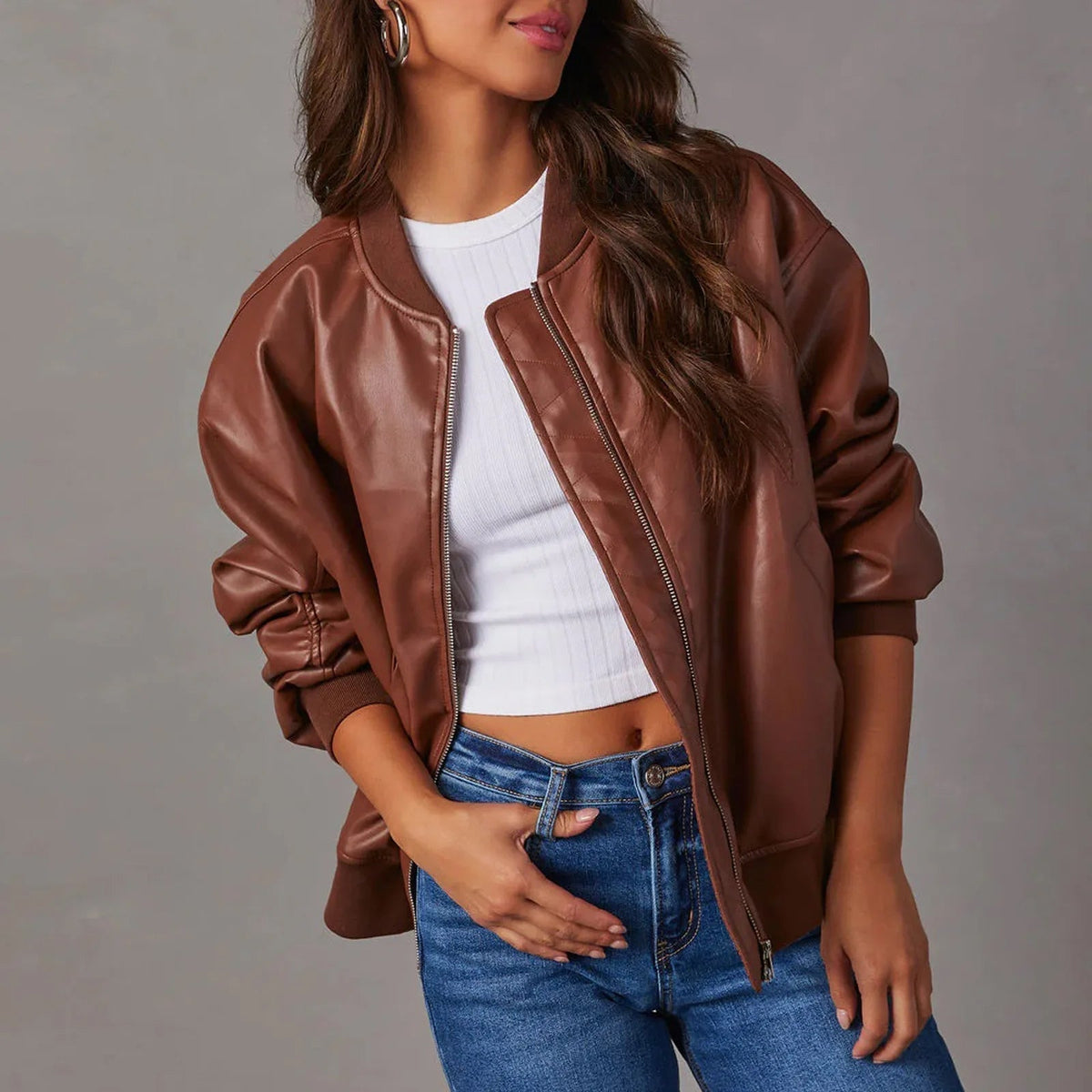 Veste en Similicuir Col Officier Zippée pour Femme