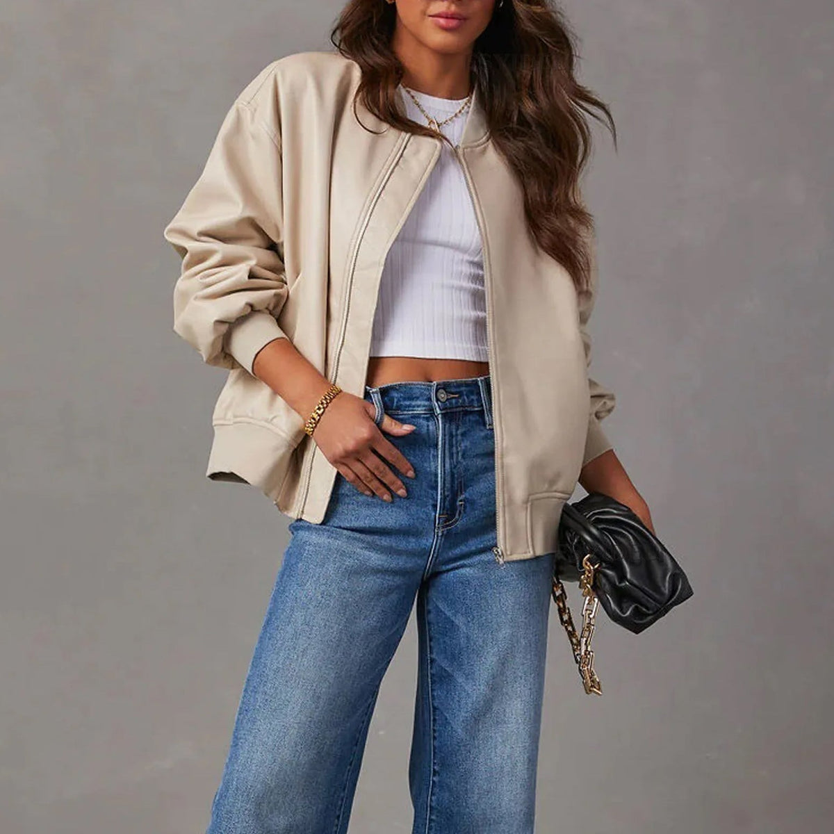 Veste en Similicuir Col Officier Zippée pour Femme