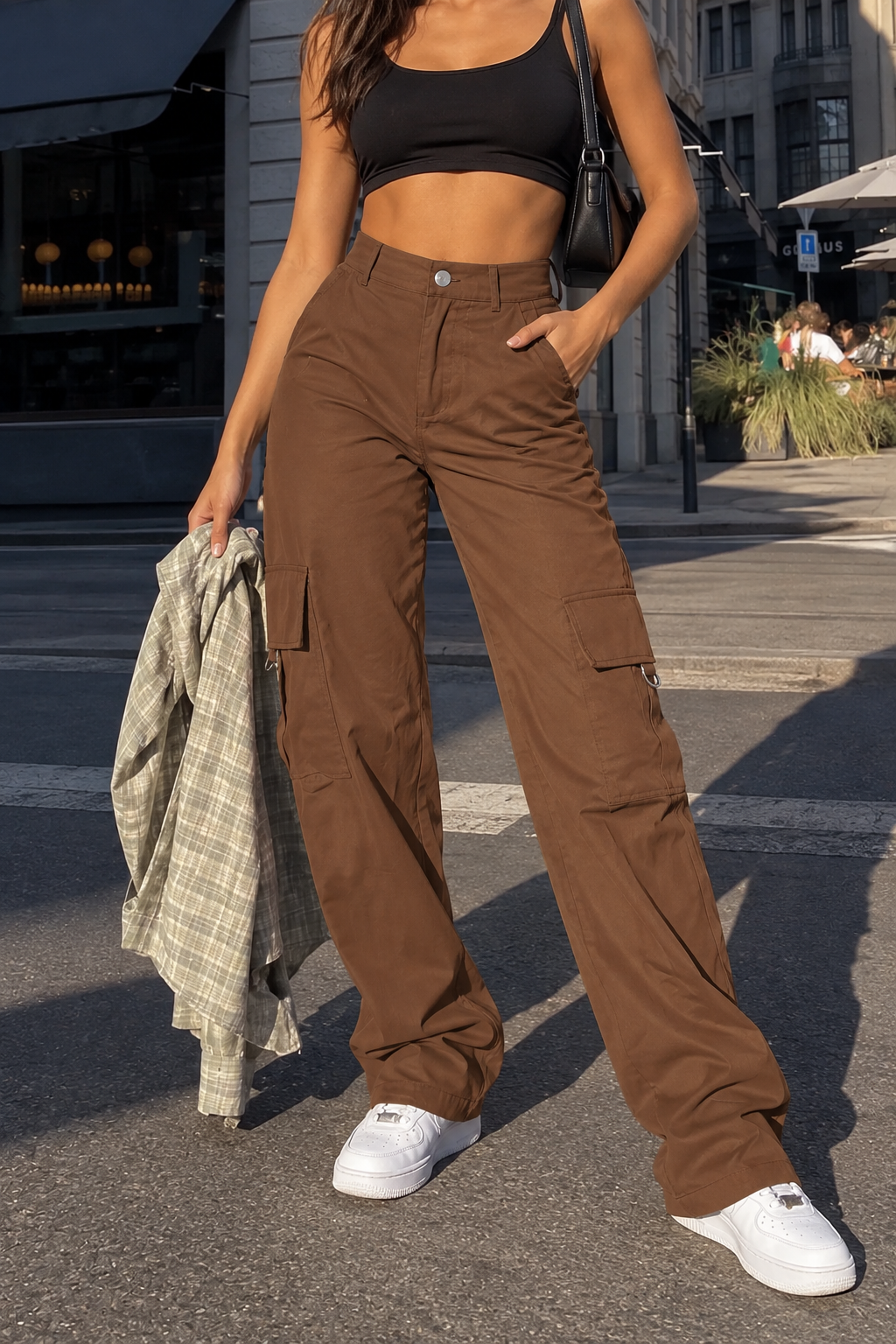 Pantalon cargo baggy femme taille haute multipoches style