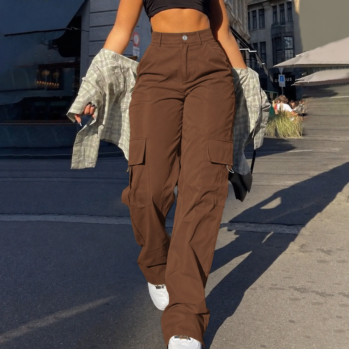 Pantalon cargo baggy femme taille haute multipoches style