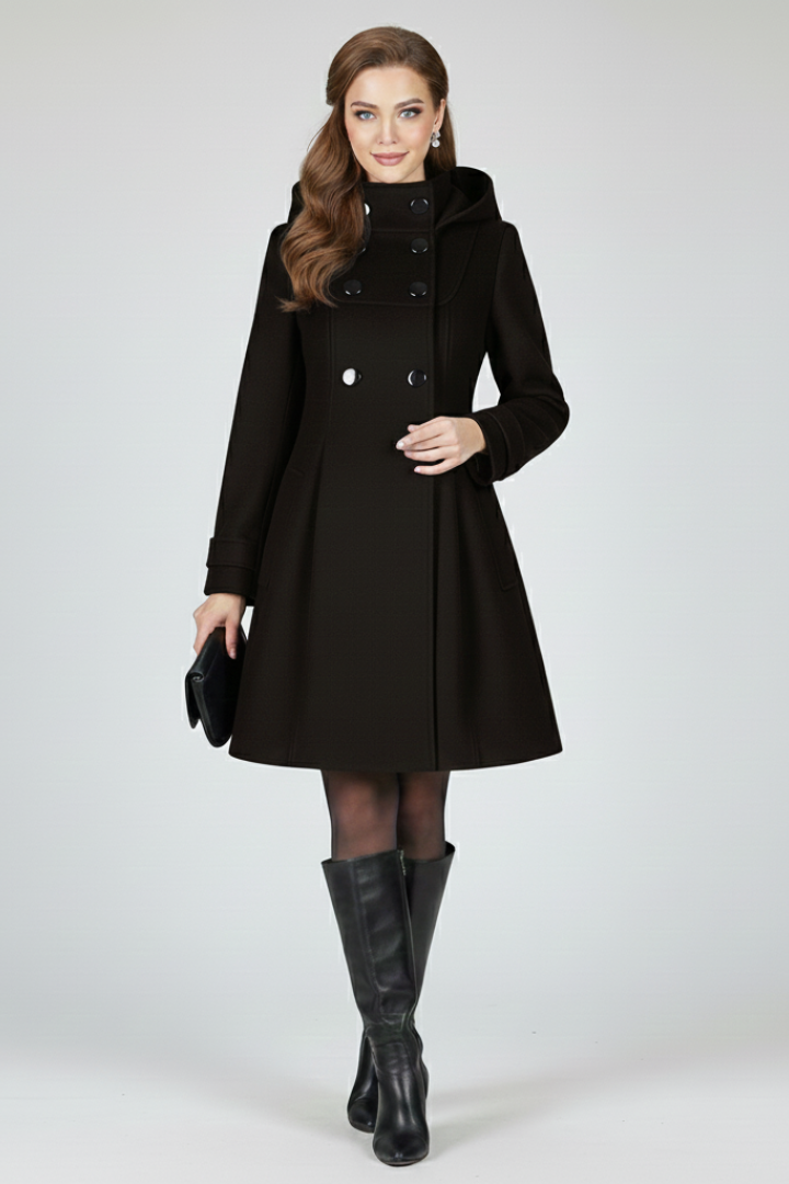 Women's everyday coat, hood, double-breasted, flap pockets