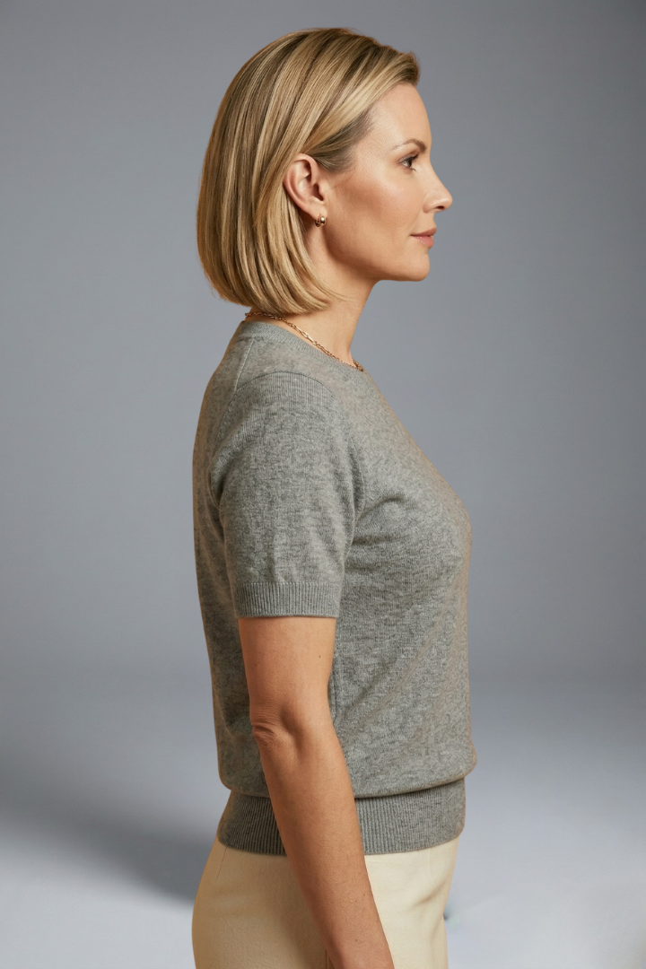 Women's fitted everyday knit top with a round neck and ribbed trim
