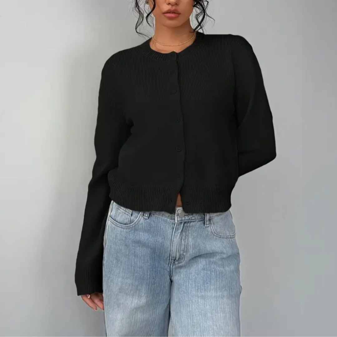 Cardigan Court Col Rond Poignets Côtelés pour Femme