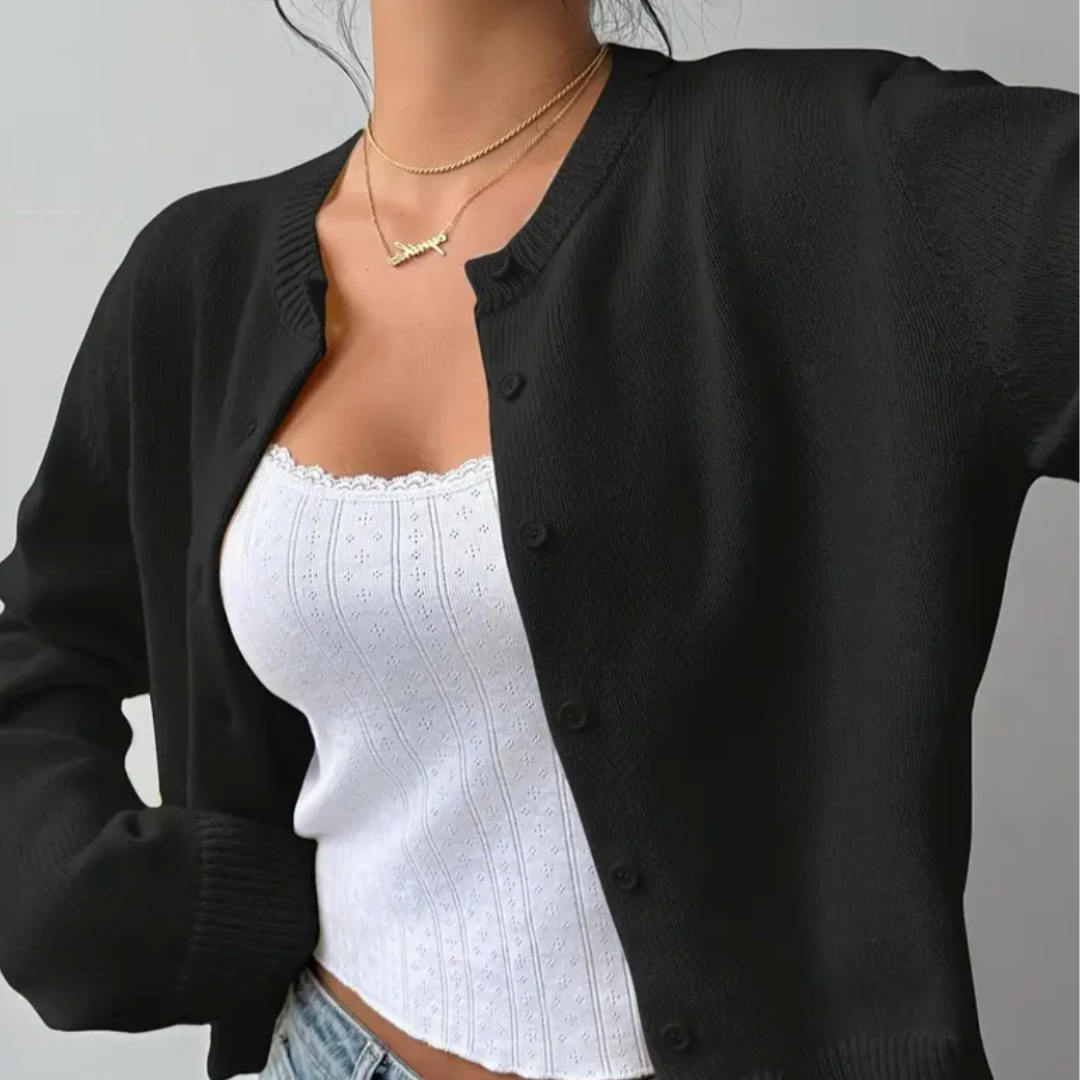 Cardigan Court Col Rond Poignets Côtelés pour Femme