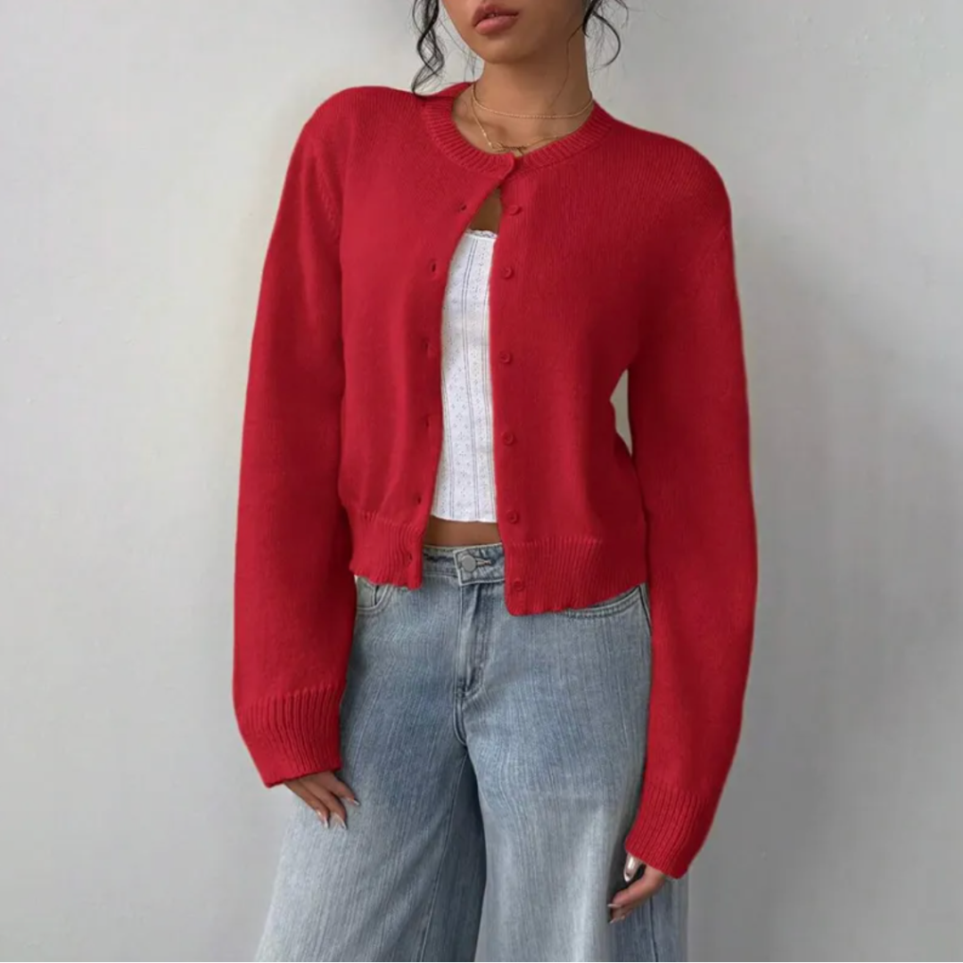 Cardigan Court Col Rond Poignets Côtelés pour Femme