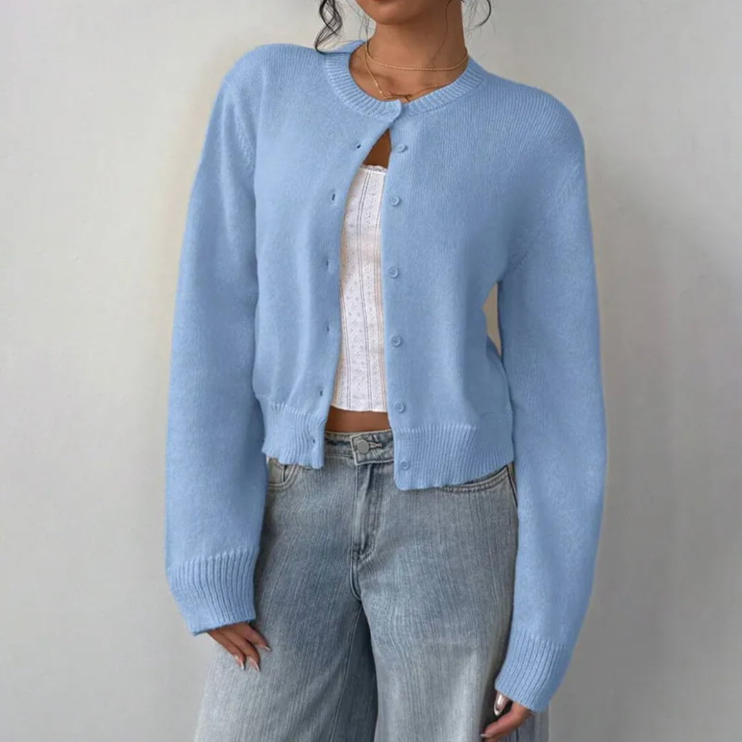Cardigan Court Col Rond Poignets Côtelés pour Femme