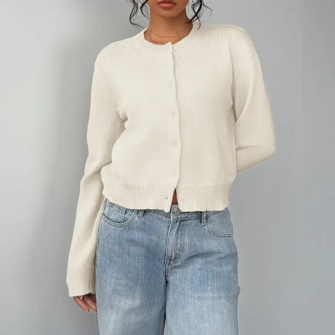 Cardigan Court Col Rond Poignets Côtelés pour Femme