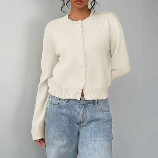 Women's Cropped Cardigan with Crew Neck and Ribbed Cuffs