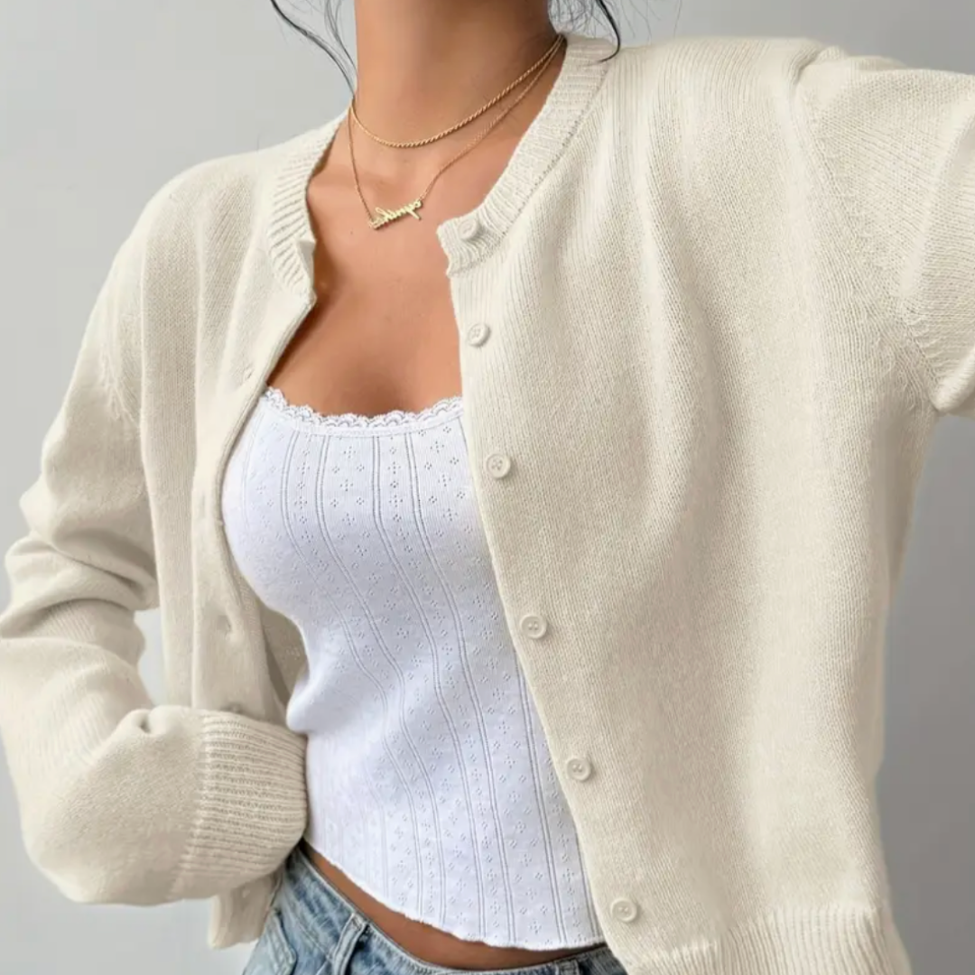 Cardigan Court Col Rond Poignets Côtelés pour Femme