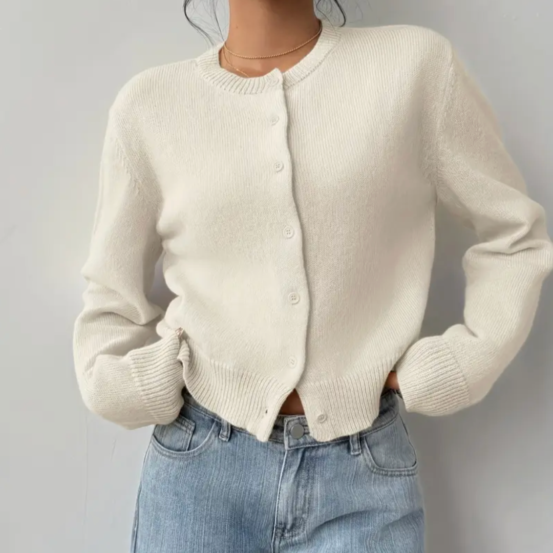 Cardigan Court Col Rond Poignets Côtelés pour Femme